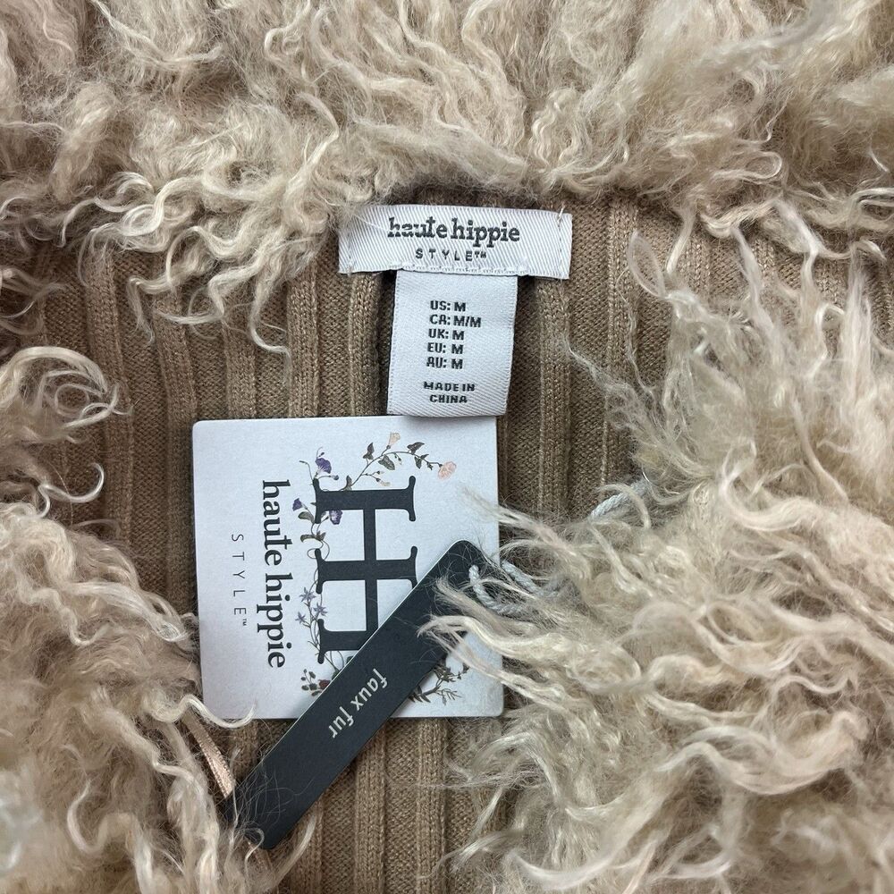 Haute Hippie Faux Fur Trim Ribbed Cardigan size M Tan Penny Lane Boho 70s - Picture 4 of 7